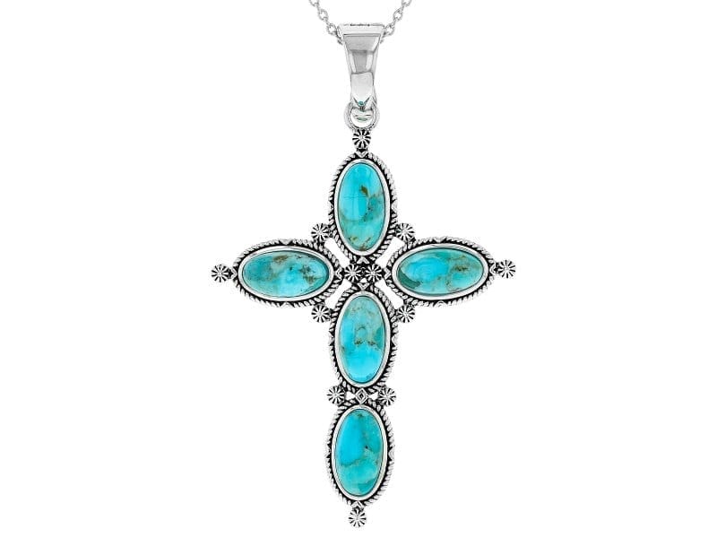 Turquoise Rhodium Over Silver Cross Enhancer With 18" Chain