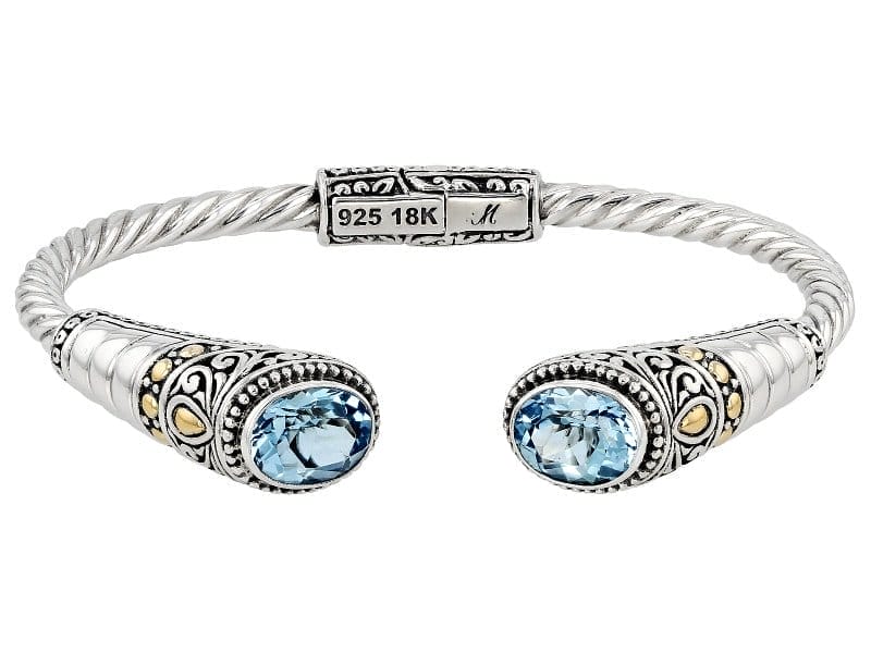 Blue Topaz Sterling Silver With 18K Yellow Gold Accent Cable Cuff Bracelet 4.90ctw