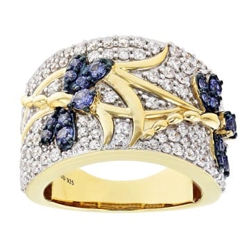 Blue And White Cubic Zirconia 18k Yellow Gold Over Sterling Silver Dragonfly Ring 2.36ctw