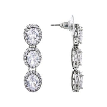 White Cubic Zirconia Silver Tone 3 Stone Drop Earrings