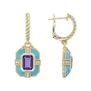 Judith Ripka Amethyst Enamel and White Cubic Zirconia 14k Gold Clad Catalina Earrings