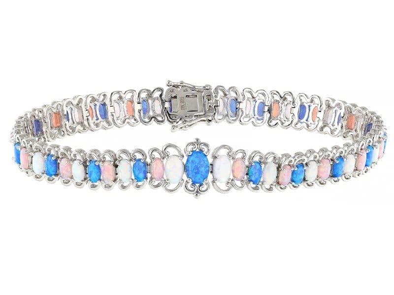 Multi Color Lab Created Opal Rhodium Over Sterling Silver Tennis Bracelet