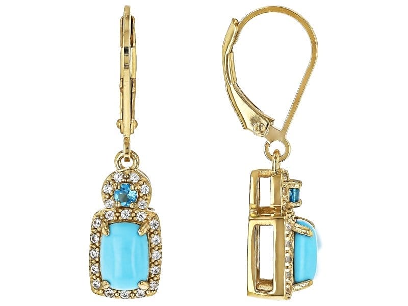 Blue Sleeping Beauty Turquoise Neon Apatite & Zircon 18k Yellow Gold Over Silver Earrings 0.08ctw