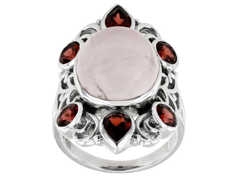 14x12mm Rose Quartz & Garnet Rhodium Over Sterling Silver Ring 2.04ctw