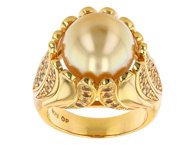 Golden Cultured South Sea Pearl & White Topaz 18k Yellow Gold Over Sterling Silver Ring