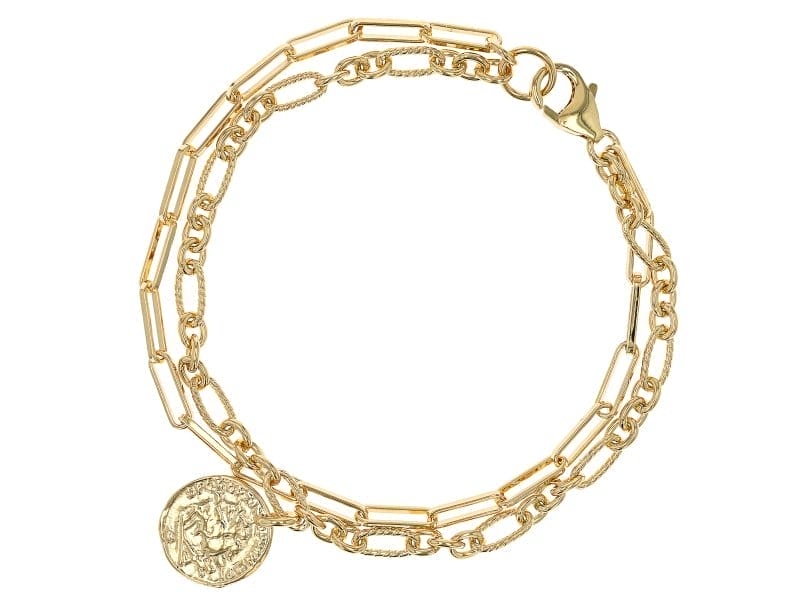 18k Yellow Gold Over Bronze Paperclip & Figaro Link Multi-Row Coin Replica Bracelet