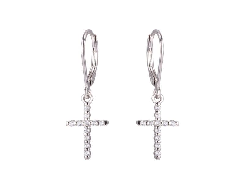 White Diamond Rhodium Over Sterling Silver Cross Earrings 0.19ctw