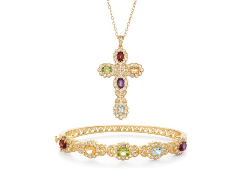 Multi Gemstone 18k Yellow Gold Over Bronze Bracelet and Pendant w/Chain Set 9.45ctw