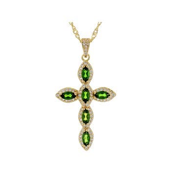 Green Chrome Diopside 18k Yellow Gold Over Sterling Silver Cross Pendant with Chain 1.50ctw