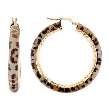 18k Yellow Gold Over Bronze Leopard Enamel Diamond-Cut Hoop Earrings