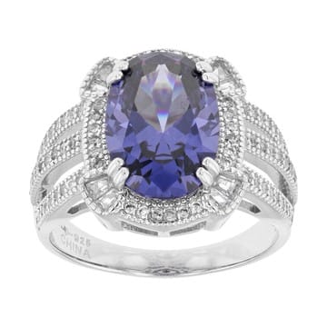 Blue And White Cubic Zirconia Rhodium Over Sterling Silver Ring 7.41ctw