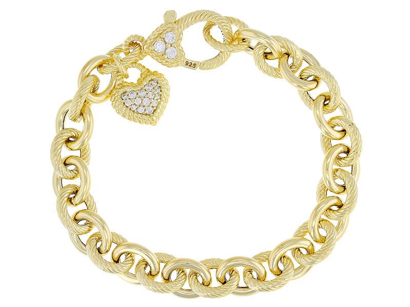 Judith Ripka Cubic Zirconia Accents 14k Gold Clad Rolo Link Heart Drop Verona Bracelet 0.60ctw