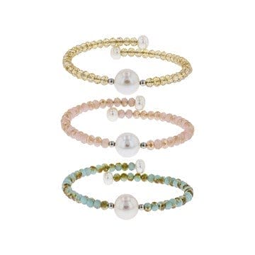 6-11mm White Cultured Freshwater Pearl & Crystal Stainless Steel Wire Bracelet Set Of 3