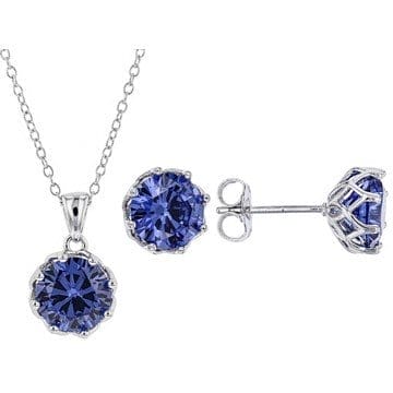 Blue Cubic Zirconia Rhodium Over Sterling Silver Center Design Earrings & Pendant With Chain