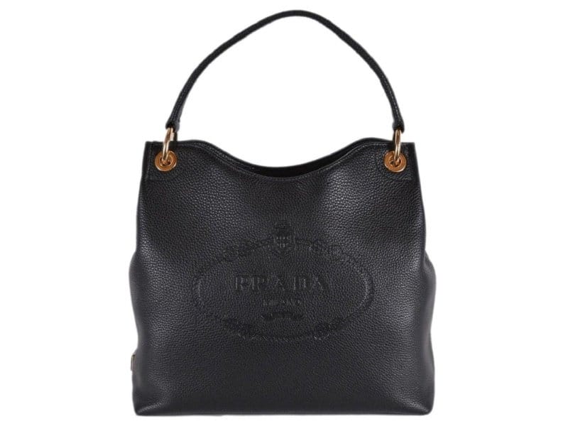 Prada Vitello Phenix Black Leather Embossed Logo Hobo Tote Bag