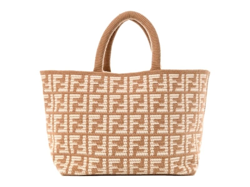 Fendi FF Cammello Beige Knitted Cashmere Large Shopper Tote Bag