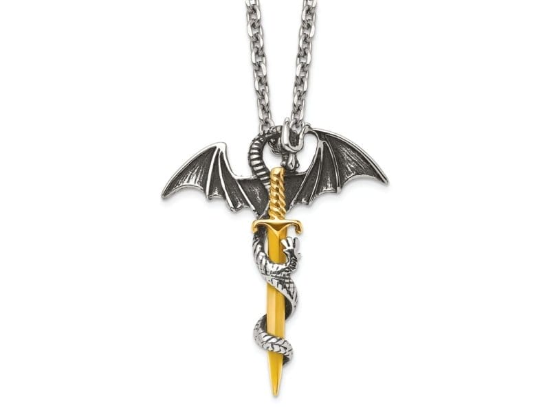 Stainless Steel Antiqued and Polished Yellow IP-plated Dragon/Sword 24-inch Necklace