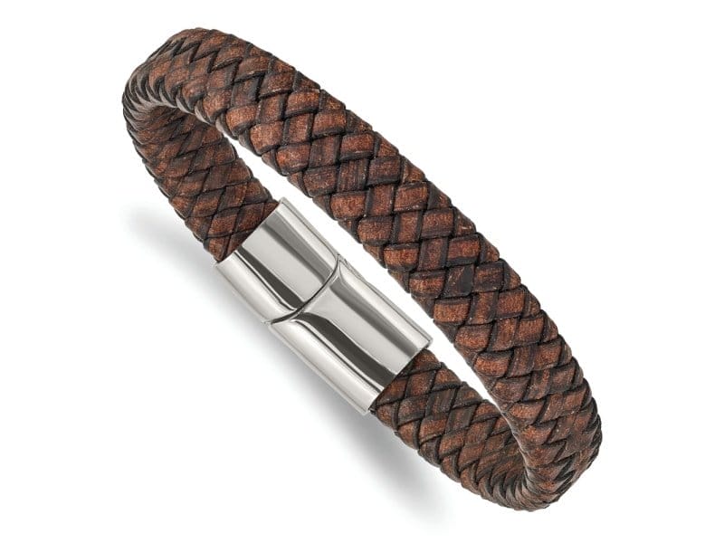 Brown Leather and Stainless Steel Polished 11.50mm 8.5-inch Bracelet