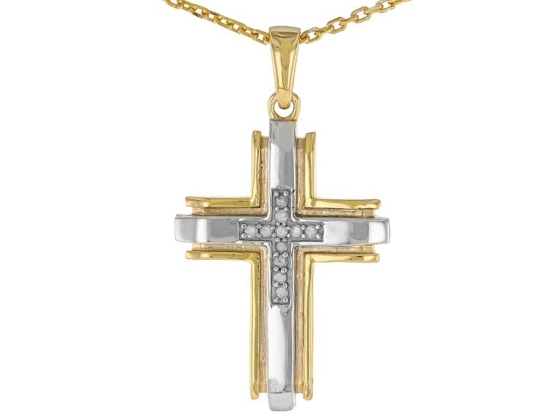 White Diamond Rhodium And 14k Yellow Gold Over Sterling Silver Mens Cross Pendant 0.10ctw