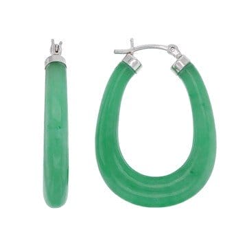 Green Jadeite Rhodium Over Sterling Silver Hoop Earrings