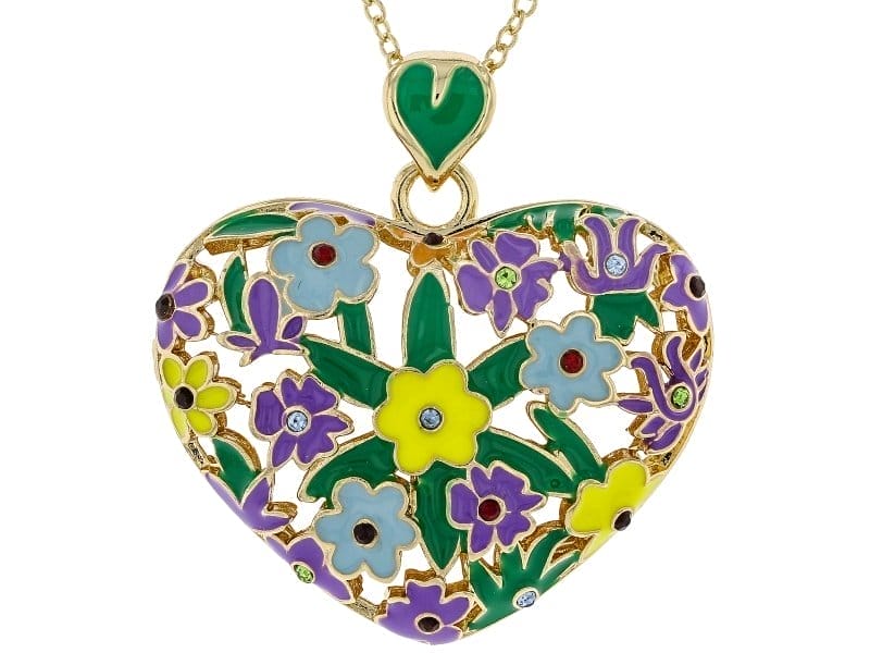 Multi-Color Epoxy & Crystal Gold Tone Heart Pendant With 18"L Chain