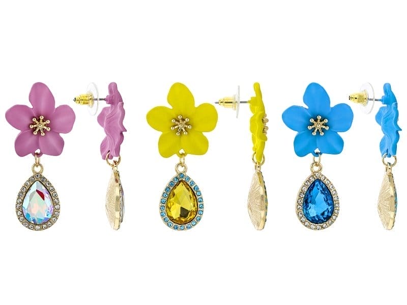 Multi-Color Epoxy & Crystal Gold Tone Flower Earring Set of 3