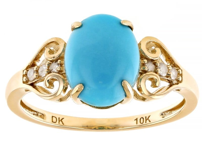 Blue Sleeping Beauty Turquoise With White Diamond 10k Yellow Gold Ring 0.08ctw