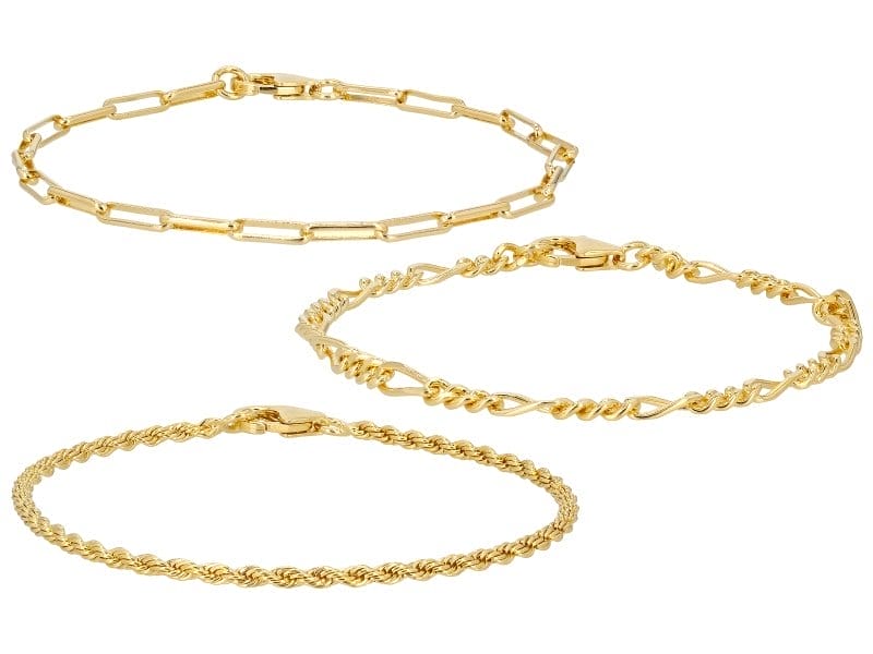 18k Yellow Gold Over Bronze Rope Paperclip & Figaro Link Bracelet Set of 3