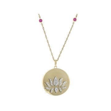 White Cubic Zirconia & Red Lab Ruby 14k Yellow Gold Over Sterling Silver Lotus Flower Pendant