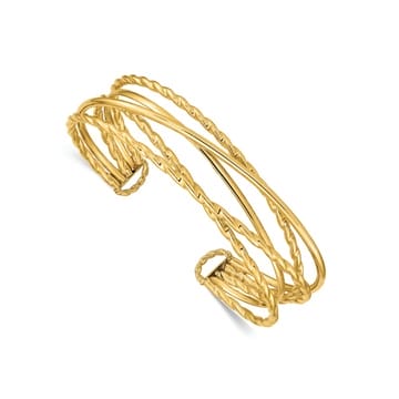 14k Yellow Gold Polished and Textured Multi Tube Cuff Bangle