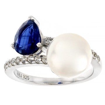 White Cultured Freshwater Pearl 1.06ct Kyanite & White Zircon Rhodium Over Sterling Silver Ring