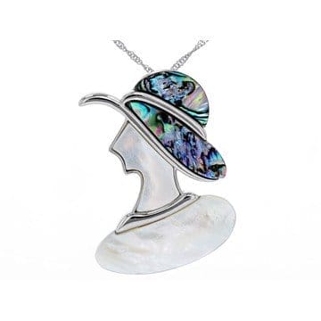 White Mother-of-Pearl and Abalone Shell Rhodium Over Sterling Silver Pendant Brooch with Chain