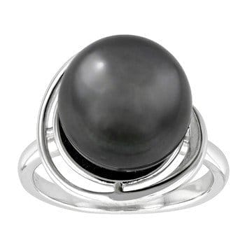 Black Cultured Tahitian Pearl Rhodium Over Sterling Silver Ring