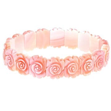 Hand Carved Pink Conch Shell Fancy Rose Station Stretch Bracelet