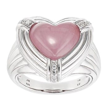 Judith Ripka Pink Jadeite and Cubic Zirconia Rhodium Over Sterling Silver Amour Heart Ring