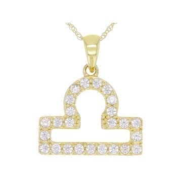 Round White Zircon "Libra" 10k Yellow Gold Pendant With Chain 0.41ctw