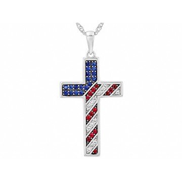 Lab Created Sapphire Rhodium Over Sterling Silver American Flag Cross Pendant With Chain 0.55ctw