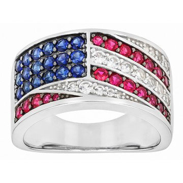 Blue & White Lab Created Sapphire Rhodium Over Sterling Silver Men's American Flag Ring 1.66ctw