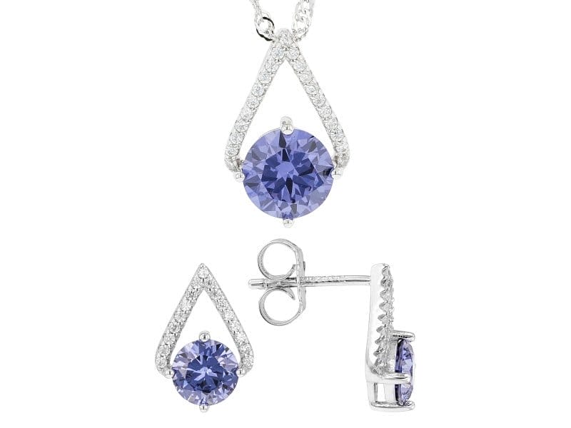 Blue And White Cubic Zirconia Rhodium Over Sterling Silver Jewelry Set 6.82ctw