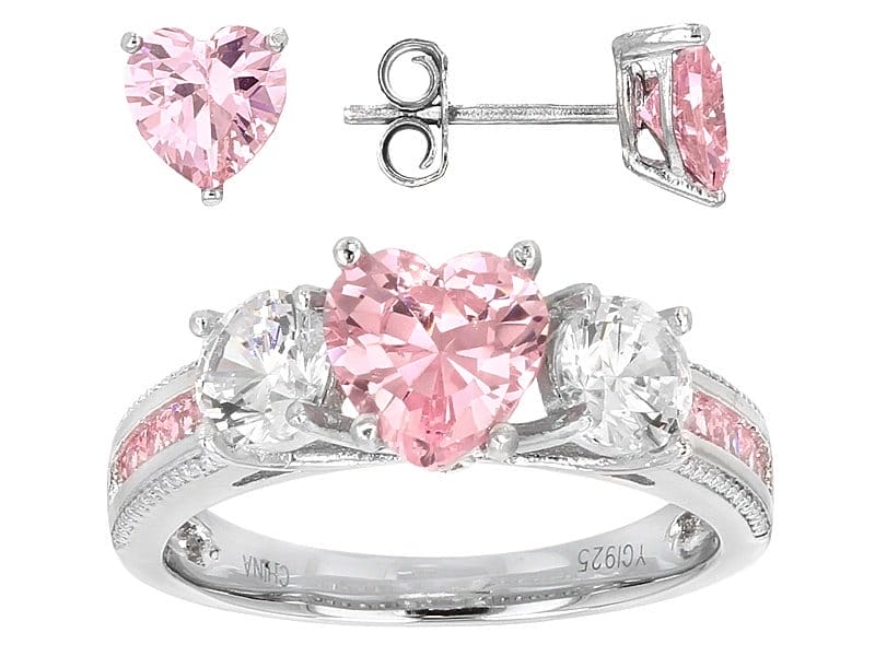 Pink And White Cubic Zirconia Rhodium Over Sterling Silver Heart Ring And Earrings 6.62ctw