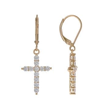 White Cubic Zirconia 18k Yellow Gold Over Sterling Silver Cross Earrings