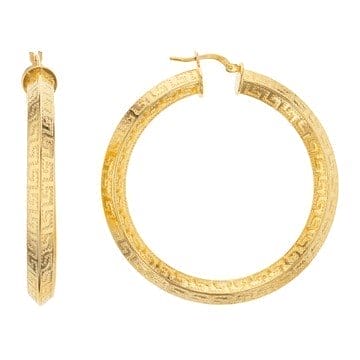 18k Yellow Gold Over Bronze Greek Key Tube Hoop Earrings