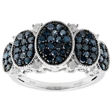 Blue And White Diamond Rhodium Over Sterling Silver Cluster Ring 1.00ctw