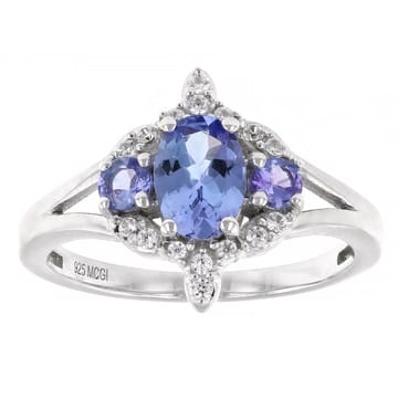 Blue Tanzanite With White Zircon Rhodium Over Sterling Silver Ring 1.06ctw