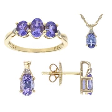 Blue Tanzanite 10K Yellow Gold Ring Earrings and Pendant Jewelry Set 2.68ctw