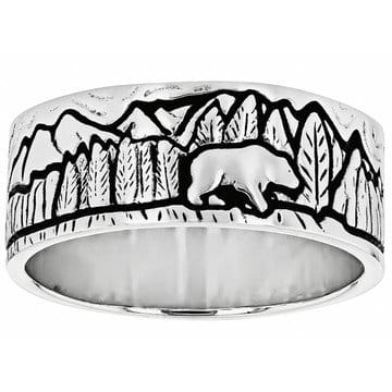 Oxidized Sterling Silver Bear In Mountain Landscape Band Ring