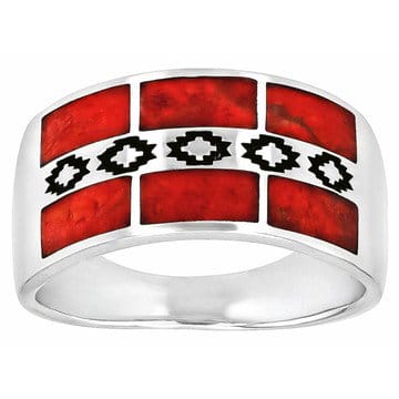 Red Coral Rhodium Over Sterling Silver Men's Inlay Band Ring