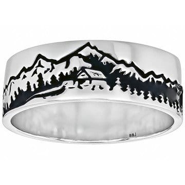 Oxidized Sterling Silver Cottage Mountain Landscape Band Ring