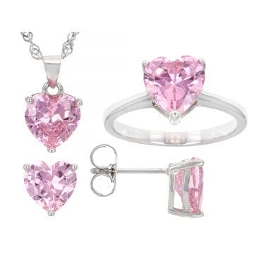 Pink Cubic Zirconia Rhodium Over Silver Heart Earrings Ring And Pendant With Chain 10.44ctw