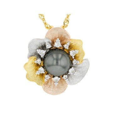 Cultured Tahitian Pearl with White Topaz Rhodium & 18k Yellow & Rose Gold Over Silver Pendant